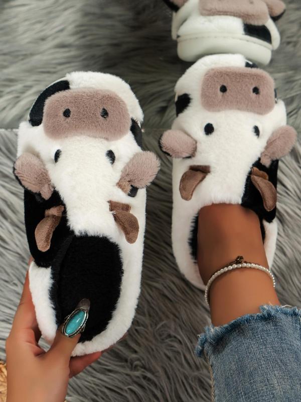 2024 New Arrival Cute Fluffy Novelty Cow Slippers, Matching Soft Plush Fuzzy Warm House Slippers for Women, Cozy Bedroom Slippers for Back To School As Gift, Designer Slides Fur Slippers