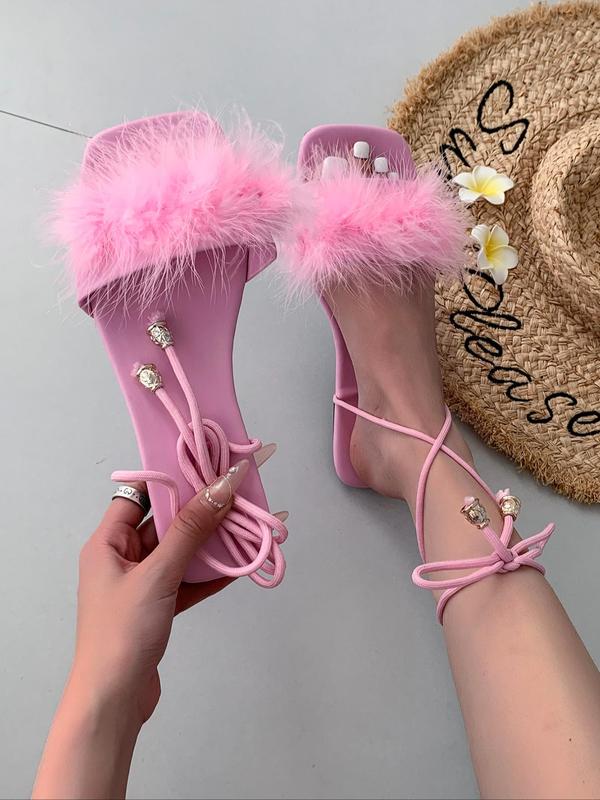 Women's Cute Lace-up Flat Sandals, Fashionable Soft Fuzzy Sandals for Summer, Casual Comfortable Summer Shoes for Outdoor