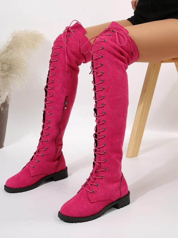 Lace Up Front Simple Over-the-knee Boots for Women, Elegant Fashionable Solid Round Toe Cowgirl Boots for Daily Wear, Fashion Women Shoes for Party, Daily Clothing Decor for Women