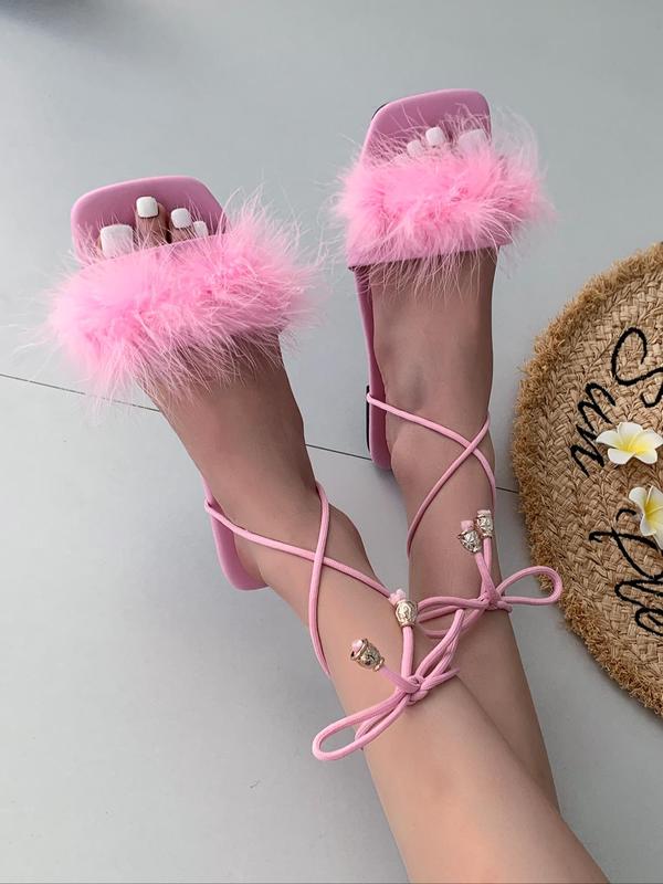 Women's Cute Lace-up Flat Sandals, Fashionable Soft Fuzzy Sandals for Summer, Casual Comfortable Summer Shoes for Outdoor