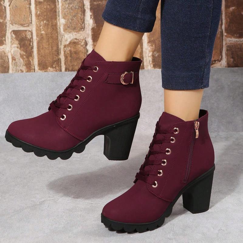 Women Ankle Boots And Short Boots, Burgundy, High Heels, Lace-Up, Side Zipper Design Girl Shoe