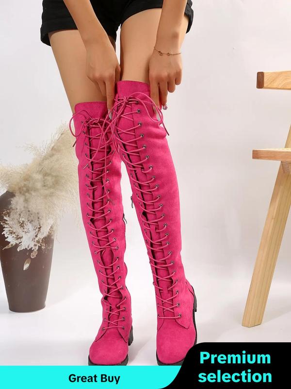 Lace Up Front Simple Over-the-knee Boots for Women, Elegant Fashionable Solid Round Toe Cowgirl Boots for Daily Wear, Fashion Women Shoes for Party, Daily Clothing Decor for Women