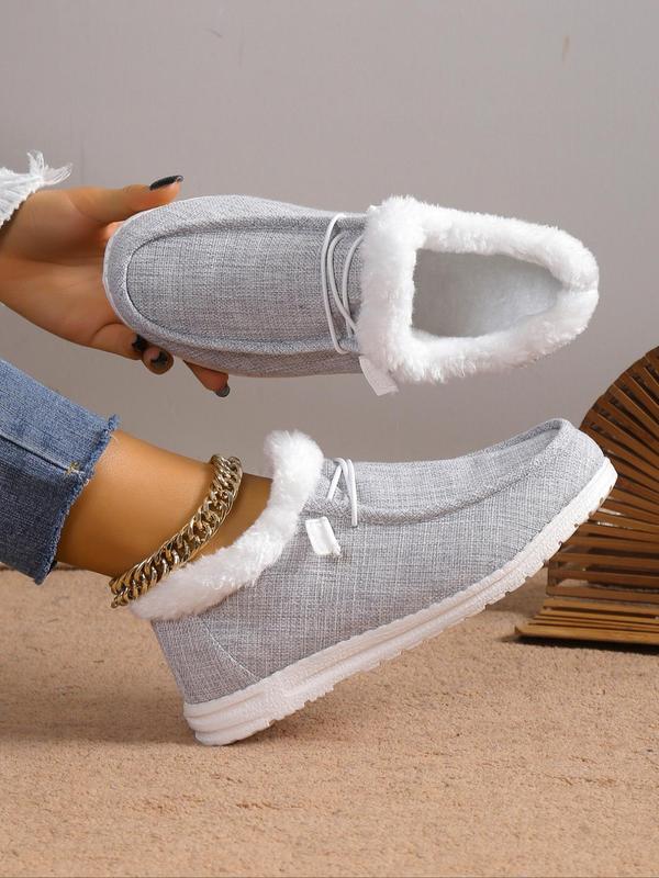 Solid Color Lace Up Front Fluffy Slip-on Shoes, Comfortable Warm Fuzzy Plush Thermal Lined Women Shoes, All Match Sneakers Walking Shoes, 2024 Fall & Winter Footwear, Girlfriend Gifts,  Birthday Gifts