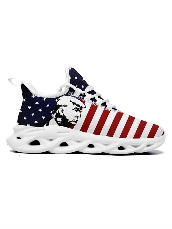 Men's Fashionable Random American Flag Print Lace Up Sneakers, Casual Comfortable Breathable Sports Running Shoes, Male All-match Round Toe Shoes for Daily Wear