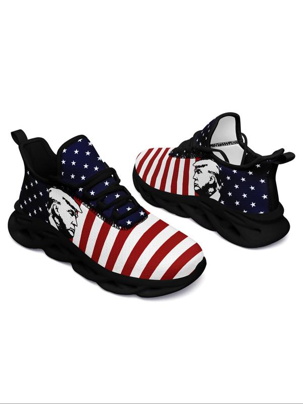 Men's Fashionable Random American Flag Print Lace Up Sneakers, Casual Comfortable Breathable Sports Running Shoes, Male All-match Round Toe Shoes for Daily Wear