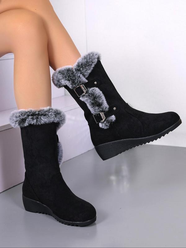 Women's Contrast Faux Fur Belted Design Snow Boots, Casual Comfortable Warm Thick Sole Non-slip Boots, Holiday Gift, Outdoor Sports Boots for Fall & Winter