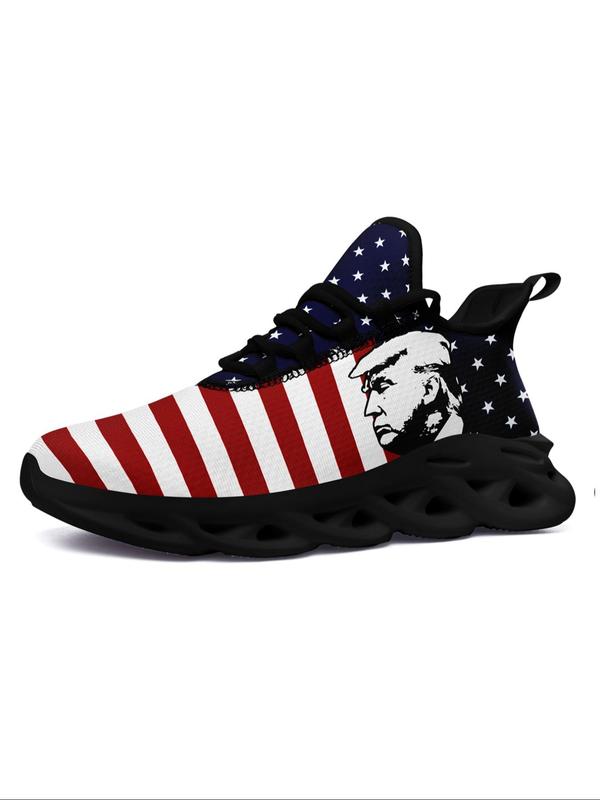 Men's Fashionable Random American Flag Print Lace Up Sneakers, Casual Comfortable Breathable Sports Running Shoes, Male All-match Round Toe Shoes for Daily Wear