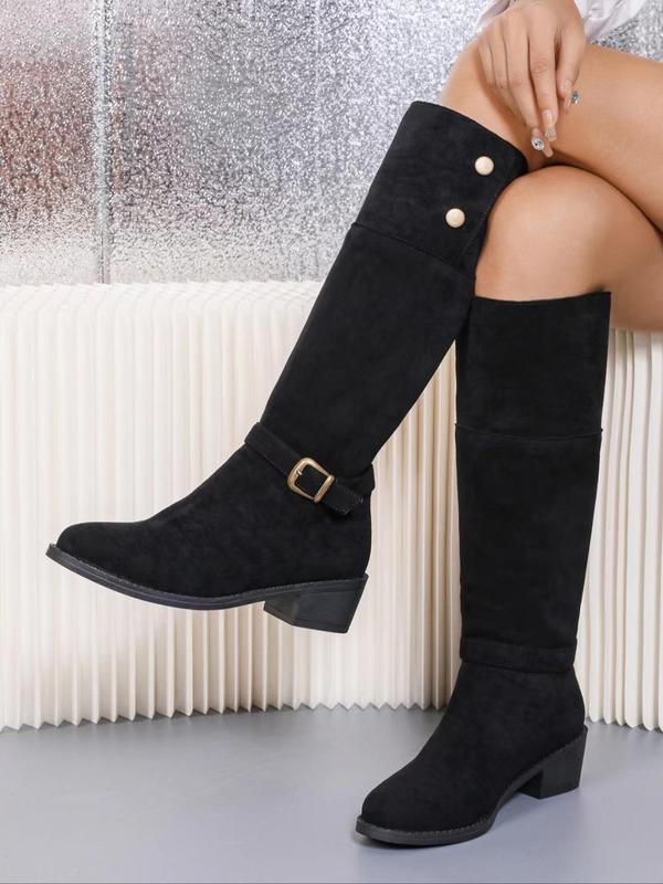 Women's Fashionable Solid Color Buckle Decor Boots, 2024 New Style Casual Comfortable Knee High Boots for Daily Wear, Retro Fashion Shoes for Women & Girls