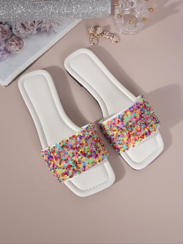 Women's Fashionable Rhinestone & Sequins Decorated Slip on Flat Sandals, Casual Open Toe Sandals for All Seasons, New Trend All-match Sandals for Daily Wear