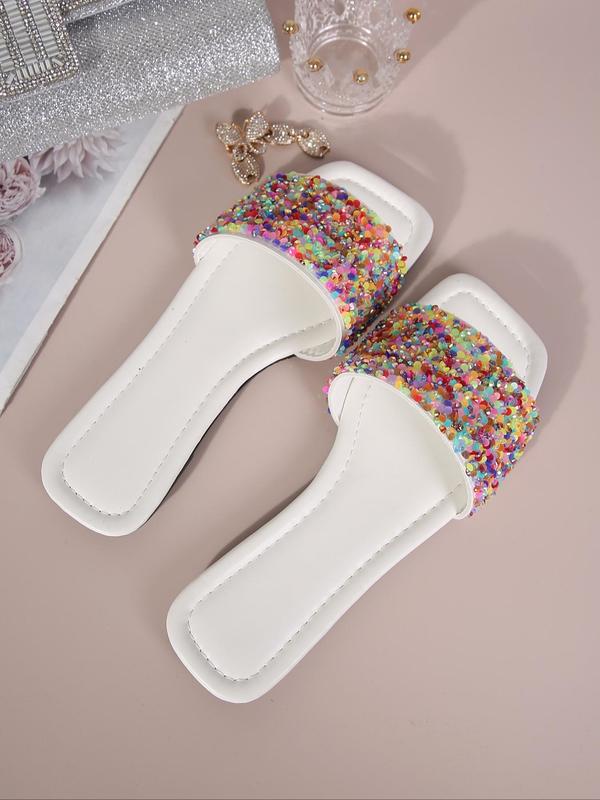 Women's Fashionable Rhinestone & Sequins Decorated Slip on Flat Sandals, Casual Open Toe Sandals for All Seasons, New Trend All-match Sandals for Daily Wear