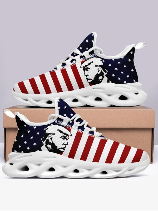 Men's Fashionable Random American Flag Print Lace Up Sneakers, Casual Comfortable Breathable Sports Running Shoes, Male All-match Round Toe Shoes for Daily Wear