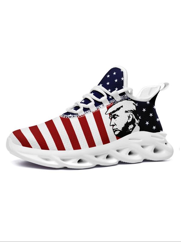 Men's Fashionable Random American Flag Print Lace Up Sneakers, Casual Comfortable Breathable Sports Running Shoes, Male All-match Round Toe Shoes for Daily Wear