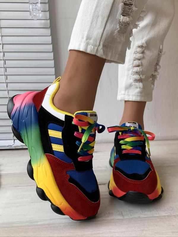 Women's Fashionable Rainbow Colorblock Lace Up Mid Top Sneakers, Casual Comfortable Breathable Sports Running Shoes, Female All-match Round Toe Shoes for Daily Wear