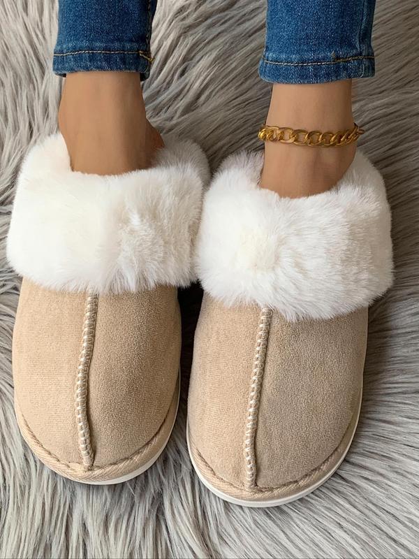 Women's Solid Color Contrast Faux Fur Slippers, Casual Soft Comfortable Home Slippers for Fall & Winter, Fluffy House Shoes for Indoor and Outdoor Fluffy Slippers