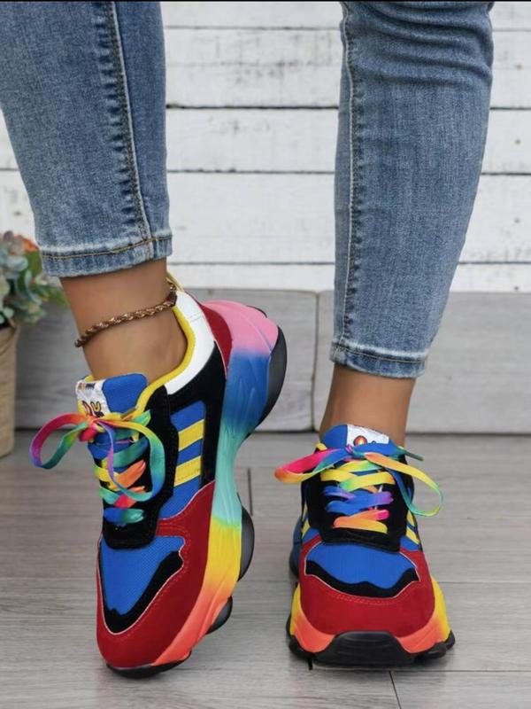 Women's Fashionable Rainbow Colorblock Lace Up Mid Top Sneakers, Casual Comfortable Breathable Sports Running Shoes, Female All-match Round Toe Shoes for Daily Wear