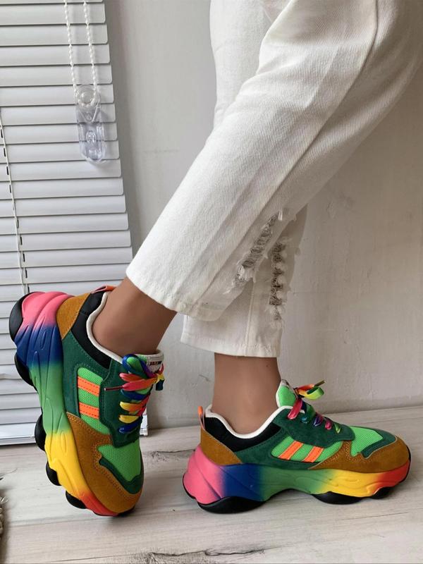 Women's Fashionable Rainbow Colorblock Lace Up Mid Top Sneakers, Casual Comfortable Breathable Sports Running Shoes, Female All-match Round Toe Shoes for Daily Wear