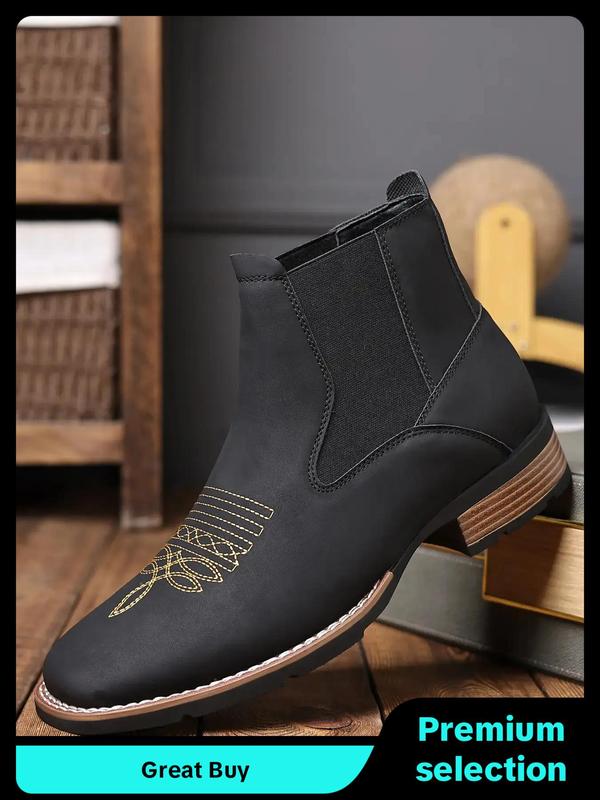 Men's Business Embroidering Design Ankle Boots, Fashionable Round Toe Chelsea Boots for Daily Wear, Male All-match Shoes for Daily Wear Boy Footwear