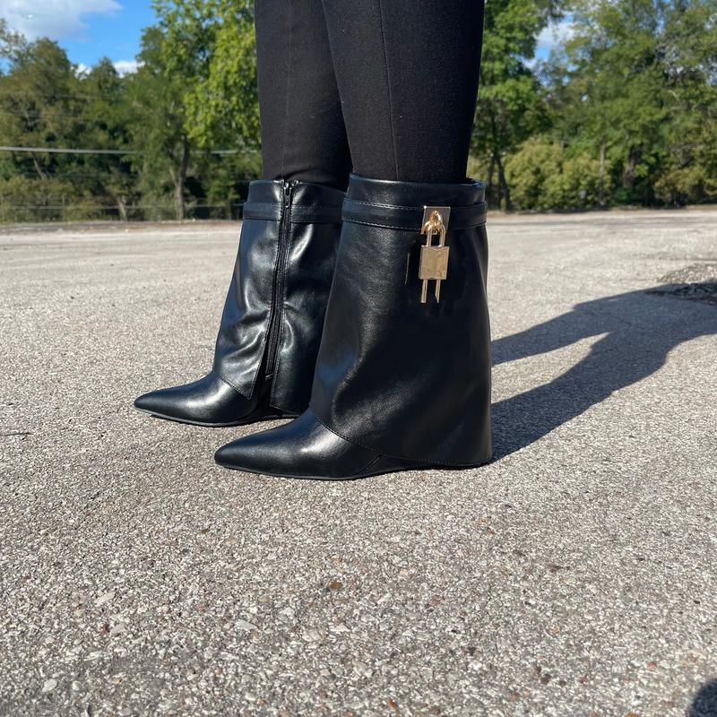 Women's Fold Over Boots Mid Calf Wedge Boots Padlock Boots