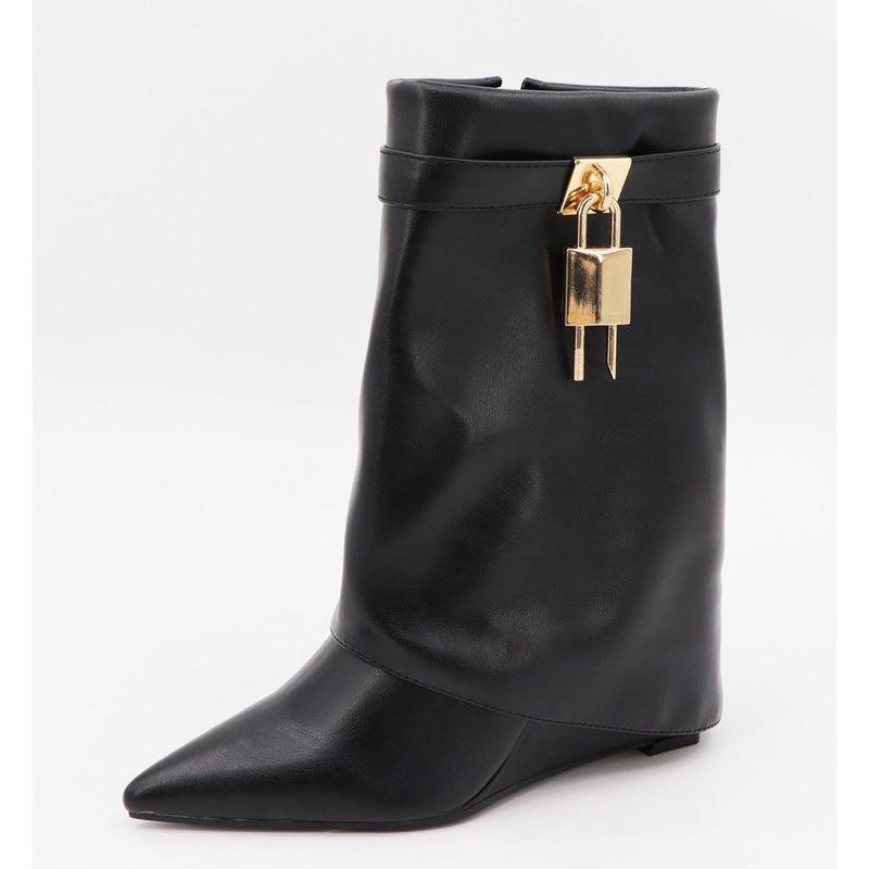 Women's Fold Over Boots Mid Calf Wedge Boots Padlock Boots