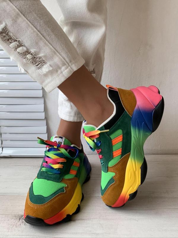 Women's Fashionable Rainbow Colorblock Lace Up Mid Top Sneakers, Casual Comfortable Breathable Sports Running Shoes, Female All-match Round Toe Shoes for Daily Wear