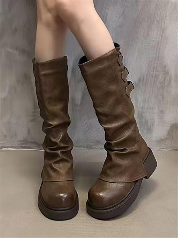 Women's Fashionable Solid Color Belted Decor Boots, Casual Round Toe Knee Boots for Fall & Winter, Female All-match Trendy Shoes for Daily Wear Thigh High Boots