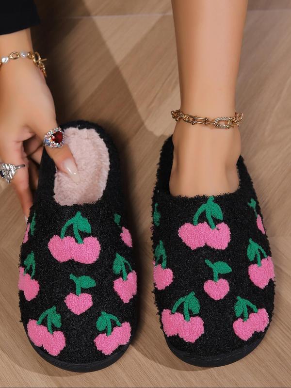 Women's Cherry Print Plush Slippers, 2024 New Style Casual Soft Comfortable Home Slippers, Warm Slippers for Indoor & Outdoor Use for Fall & Winter