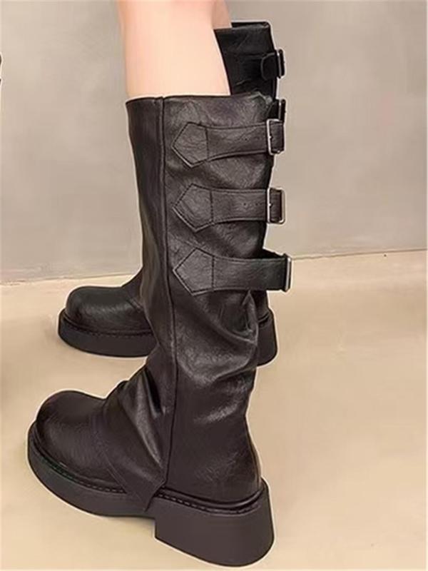 Women's Fashionable Solid Color Belted Decor Boots, Casual Round Toe Knee Boots for Fall & Winter, Female All-match Trendy Shoes for Daily Wear Thigh High Boots