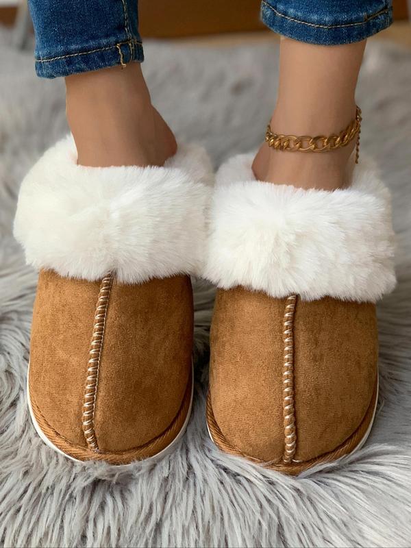 Women's Solid Color Contrast Faux Fur Slippers, Casual Soft Comfortable Home Slippers for Fall & Winter, Fluffy House Shoes for Indoor and Outdoor Fluffy Slippers