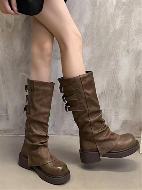 Women's Fashionable Solid Color Belted Decor Boots, Casual Round Toe Knee Boots for Fall & Winter, Female All-match Trendy Shoes for Daily Wear Thigh High Boots