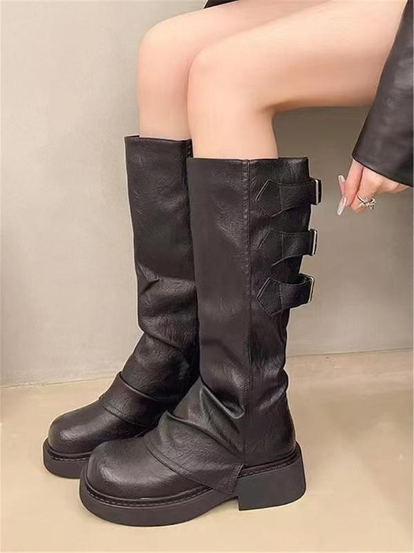 Women's Fashionable Solid Color Belted Decor Boots, Casual Round Toe Knee Boots for Fall & Winter, Female All-match Trendy Shoes for Daily Wear Thigh High Boots