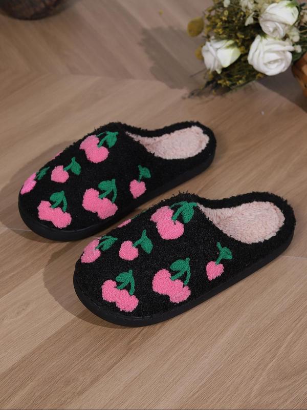 Women's Cherry Print Plush Slippers, 2024 New Style Casual Soft Comfortable Home Slippers, Warm Slippers for Indoor & Outdoor Use for Fall & Winter