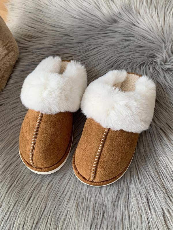 Women's Solid Color Contrast Faux Fur Slippers, Casual Soft Comfortable Home Slippers for Fall & Winter, Fluffy House Shoes for Indoor and Outdoor Fluffy Slippers