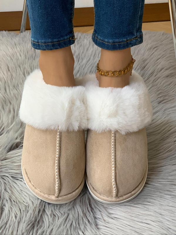 Women's Solid Color Contrast Faux Fur Slippers, Casual Soft Comfortable Home Slippers for Fall & Winter, Fluffy House Shoes for Indoor and Outdoor Fluffy Slippers