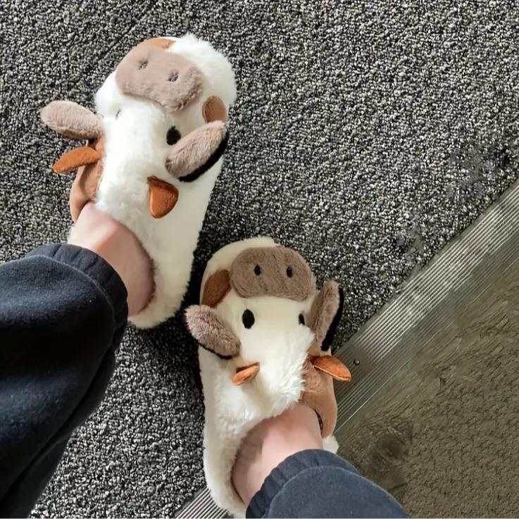 Animal Cotton Slippers Shoe Flipflop Fur Milk Cow Slippers Cute Cartoon Cow Dog Slippers for Women Men Kawaii Fuzzy Slippers Cozy Soft Cloud Slippers Warm Comfy House Slippers for Women Indoor Outdoor Warmth in Winter Non-Slip Plush Preppy Slippers