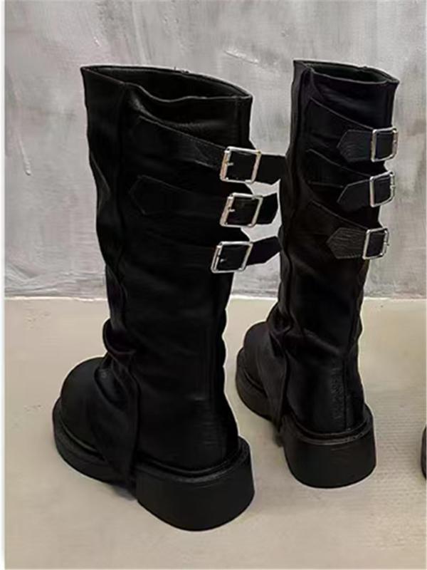 Women's Fashionable Solid Color Belted Decor Boots, Casual Round Toe Knee Boots for Fall & Winter, Female All-match Trendy Shoes for Daily Wear Thigh High Boots