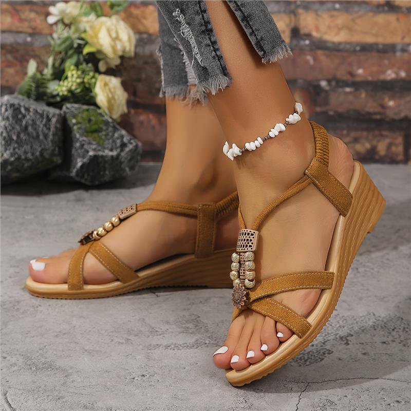 Women's Summer Wedge Sandals, Beads Decor Elastic Band Slip On Shoes, Boho Style Casual Open Toe Sandals Footwear Walking Shoes Girl Comfort Knee