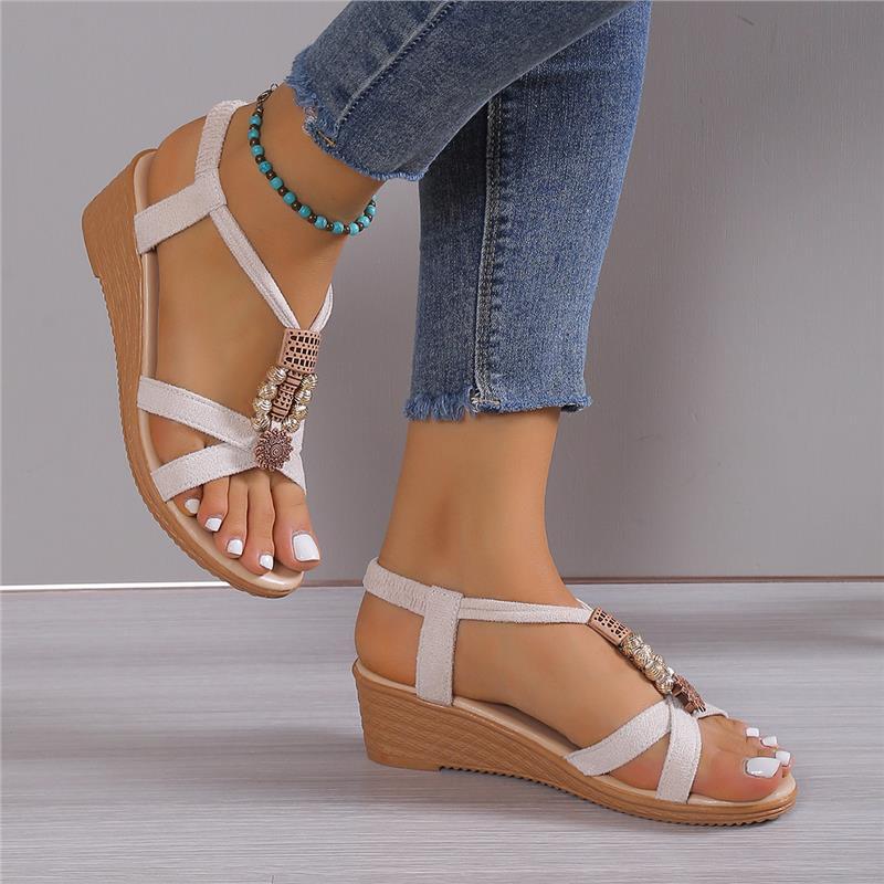 Women's Summer Wedge Sandals, Beads Decor Elastic Band Slip On Shoes, Boho Style Casual Open Toe Sandals Footwear Walking Shoes Girl Comfort Knee