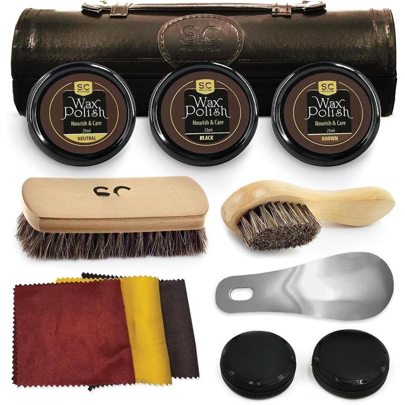 12 count Shoe Polish & Care Kit - Leather Shoe Shine Kit for Men & Women w Brown, Black, Neutral Polish - Leather Boot Care Kit