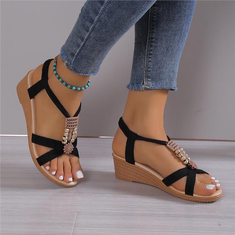 Women's Summer Wedge Sandals, Beads Decor Elastic Band Slip On Shoes, Boho Style Casual Open Toe Sandals Footwear Walking Shoes Girl Comfort Knee