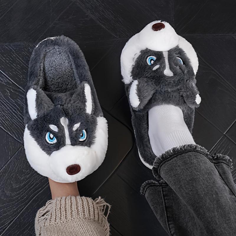 Men'S Cute Husky Style Slippers, Soft and Durable, Unisex Indoor Shoes, Waterproof Sole, Warm Winter Slippers, Casual Round Toe, One-Size-Fits-All, Cartoon Pattern, Fabric Lining and Sole