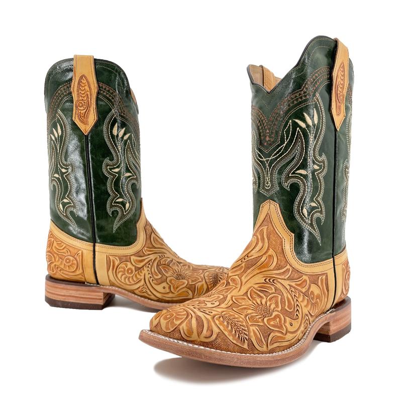 Men Bulldog Hand Tooled Boot - Floral Natural