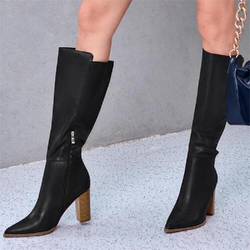 Women's Wide Calf Knee High Boots Stacked Block High Heel Bootie Side Zip Pointed Toe Heeled Booties