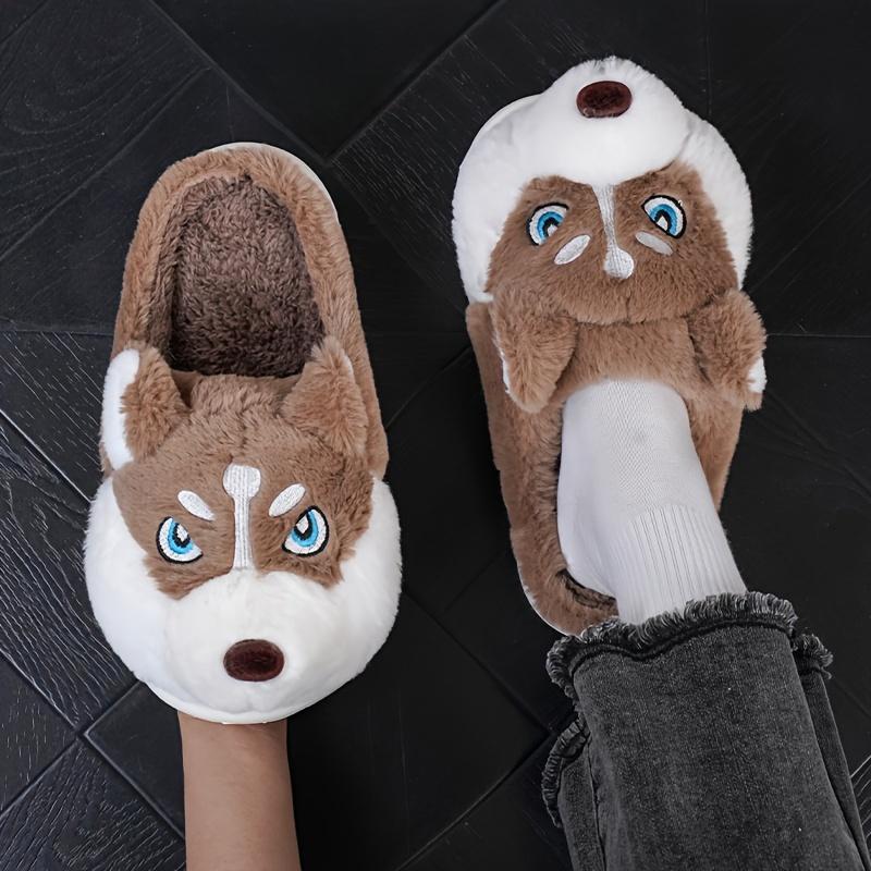 Men'S Cute Husky Style Slippers, Soft and Durable, Unisex Indoor Shoes, Waterproof Sole, Warm Winter Slippers, Casual Round Toe, One-Size-Fits-All, Cartoon Pattern, Fabric Lining and Sole