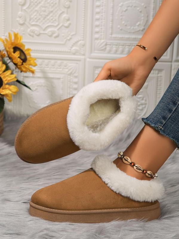 Women's Solid Color Plush Design Slip on Snow Boots, Casual Warm Fluffy Ankle Boots for Fall & Winter, Female All-match Round Toe Shoes for Daily Wear, Boots for Women