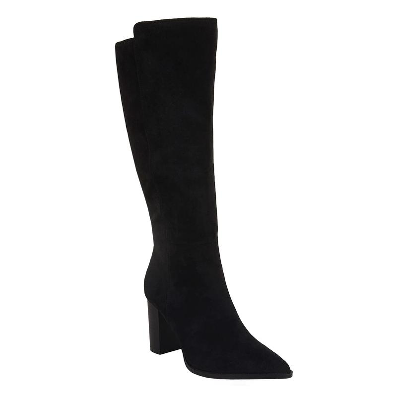 Women's Wide Calf Knee High Boots Stacked Block High Heel Bootie Side Zip Pointed Toe Heeled Booties