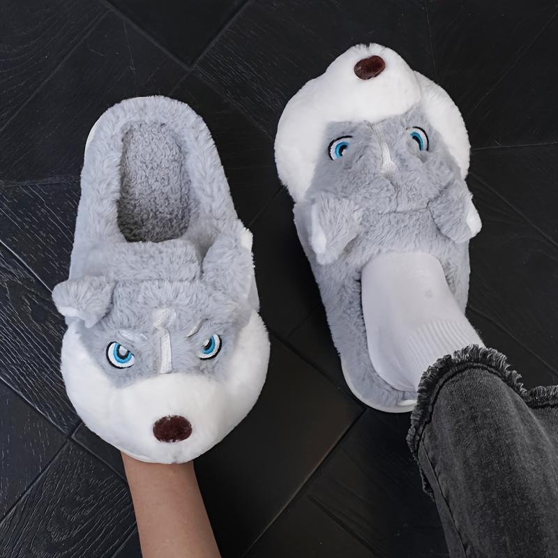 Men'S Cute Husky Style Slippers, Soft and Durable, Unisex Indoor Shoes, Waterproof Sole, Warm Winter Slippers, Casual Round Toe, One-Size-Fits-All, Cartoon Pattern, Fabric Lining and Sole