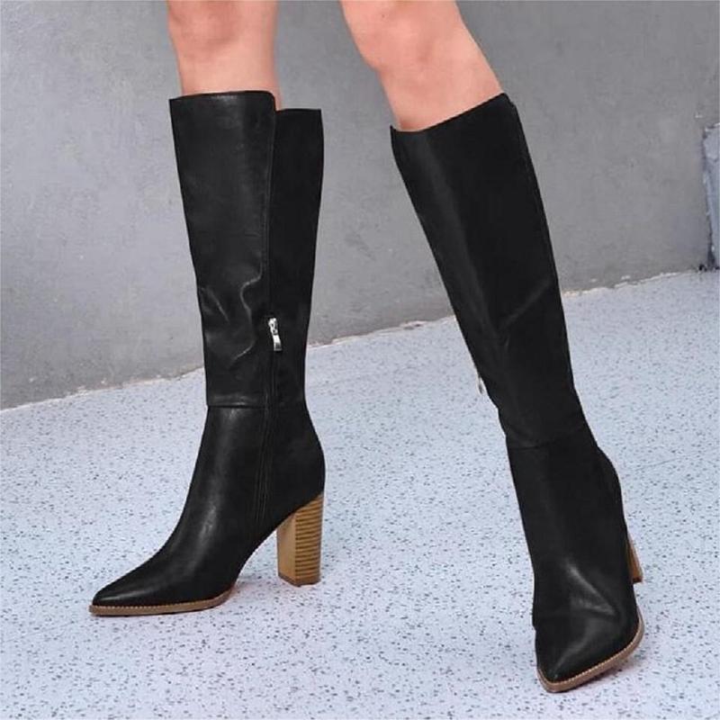 Women's Wide Calf Knee High Boots Stacked Block High Heel Bootie Side Zip Pointed Toe Heeled Booties