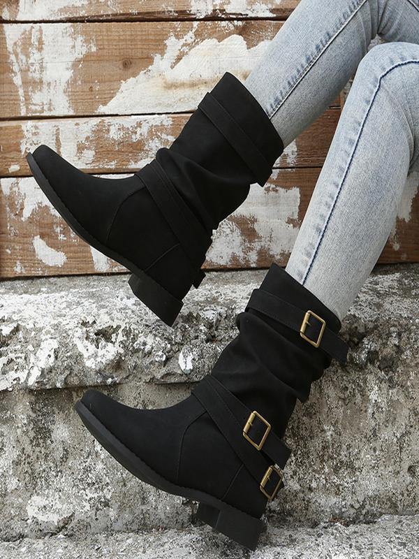 Women's Fashion Solid Color Round Toe Boots, Casual Solid Color PU Leather Boots, All Match Boots For Daily Wear