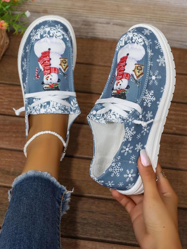 Women's Christmas Snowman Print Lace Up Low Top Sneakers, Casual Comfortable Sports Shoes, Female All-match Round Toe Shoes for Daily Wear