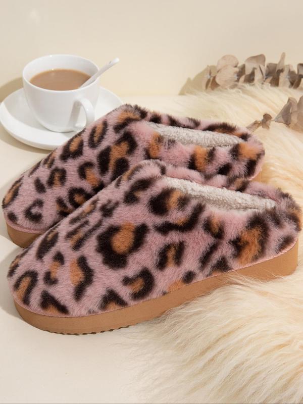 Women's Leopard Print Fluffy Plush Slippers, Soft Comfy Home Slippers, Warm Slippers for Indoor & Outdoor Use for Fall & Winter